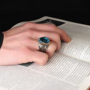 Blue Topaz Taşlı 925 Ayar Erkek Gümüş Yüzük