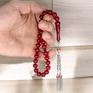 Kırmızı Tonda Gümüş Püsküllü  Damla Kehribar Tesbih