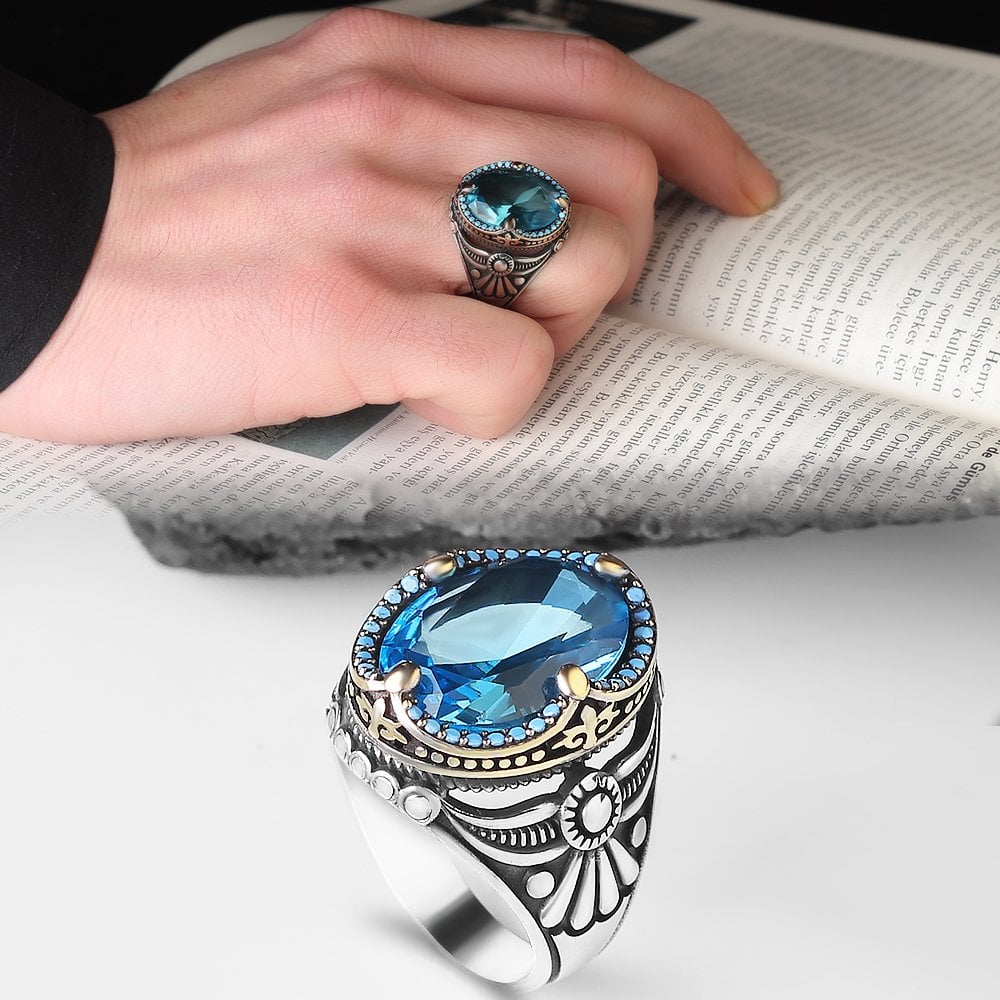 Blue Topaz Taşlı 925 Ayar Erkek Gümüş Yüzük