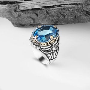 Blue Topaz Taşlı 925 Ayar Erkek Gümüş Yüzük