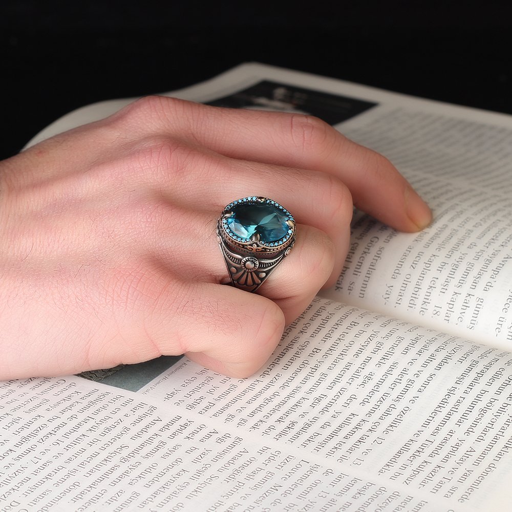 Blue Topaz Taşlı 925 Ayar Erkek Gümüş Yüzük