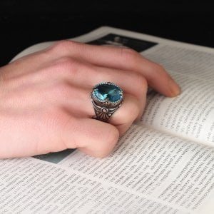 Blue Topaz Taşlı 925 Ayar Erkek Gümüş Yüzük
