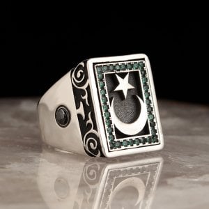 Yeşil Zirkon Taşlı Ayyıldız Model 925 Ayar Gümüş Yüzük