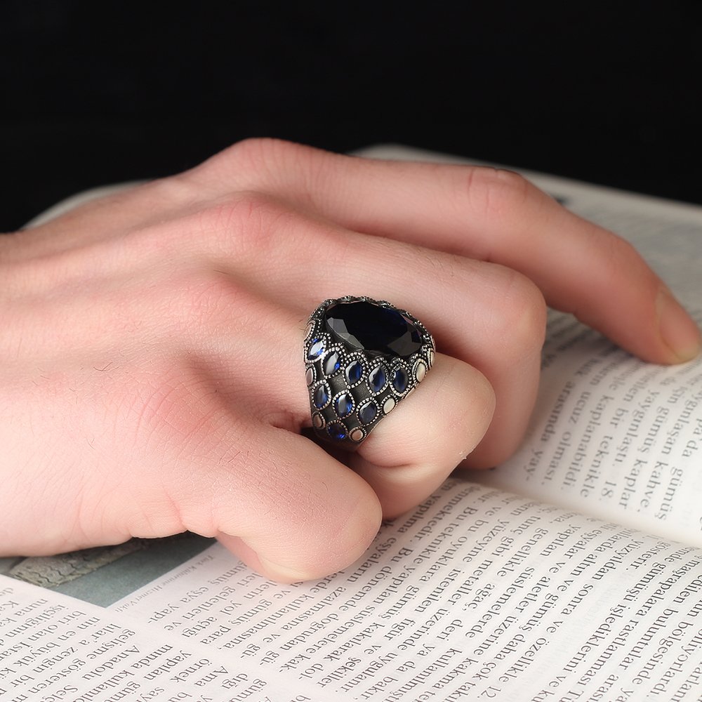 Parlament Mavisi Zirkon Taşlı 925 Ayar Erkek Gümüş Yüzük