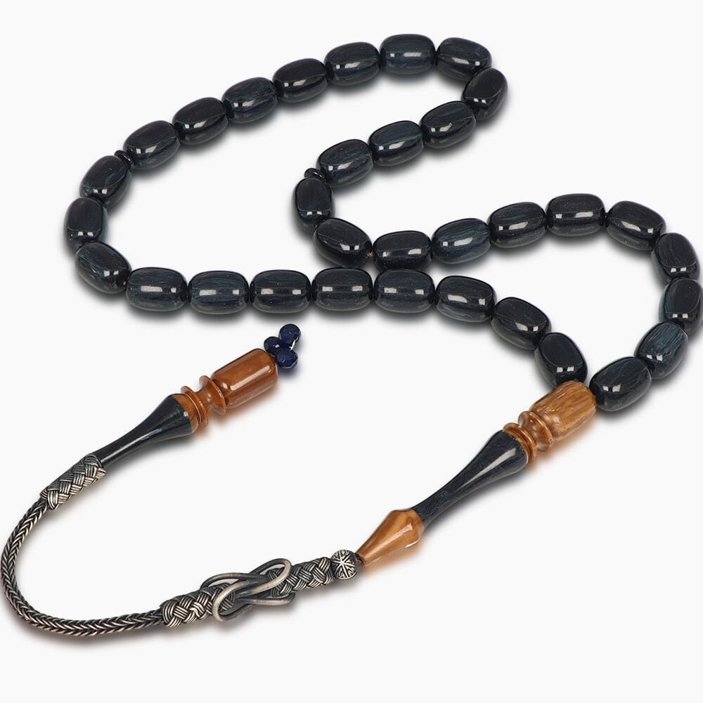 Özel İşçilikli Kuka İmameli Gümüş Kazaz Püsküllü Sıkma Kehribar Tesbih