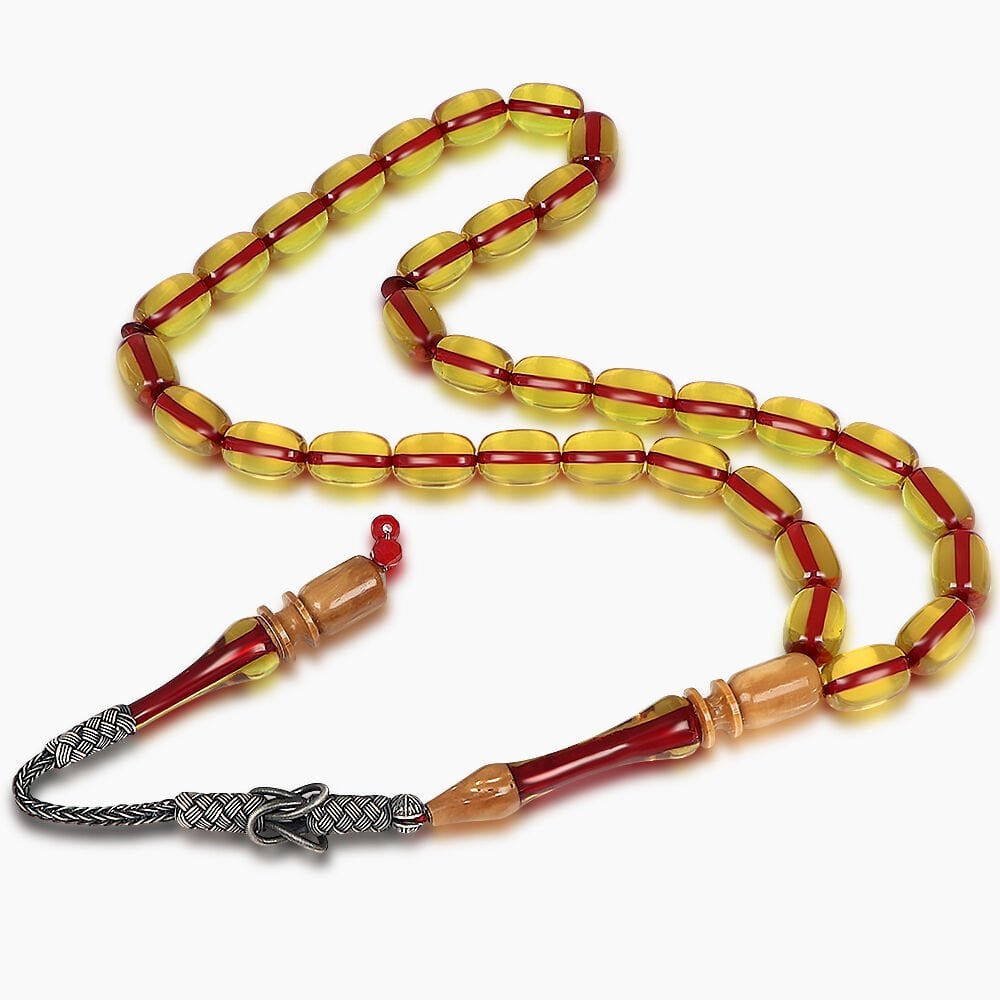 Özel İşçilikli Kuka İmameli Gümüş Kazaz Püsküllü Sıkma Kehribar Tesbih