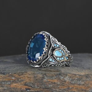 Aqua Marin Taşlı Osmanlı Desenli Erkek Gümüş Yüzük