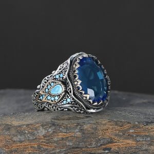 Aqua Marin Taşlı Osmanlı Desenli Erkek Gümüş Yüzük