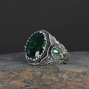 Yeşil Zirkon Taşlı Osmanlı Desenli Erkek Gümüş Yüzük