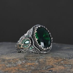 Yeşil Zirkon Taşlı Osmanlı Desenli Erkek Gümüş Yüzük