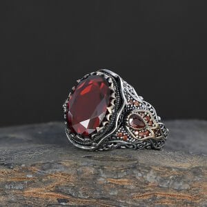 Kırmızı Zirkon Taşlı Osmanlı Desenli Erkek Gümüş Yüzük