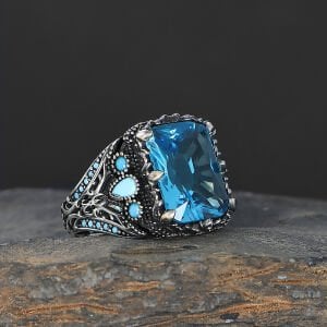 Osmanlı Motifli Geniş Kesim Aqua Taşlı Gümüş Yüzük