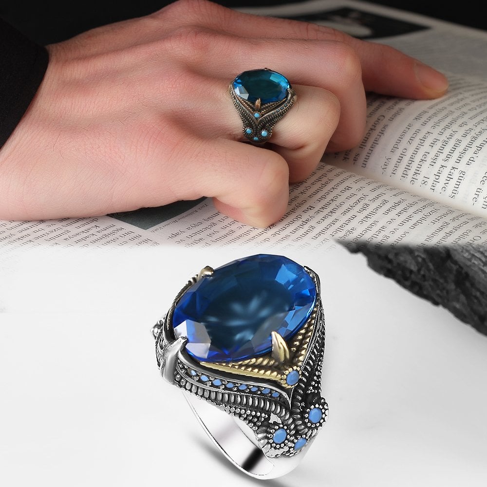 Blue Taşlı 925 Ayar Erkek Gümüş Yüzük