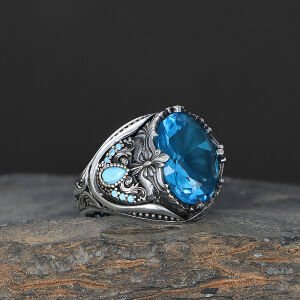 Floral Desenli Aqua Taşlı 925 Ayar Erkek Gümüş Yüzük
