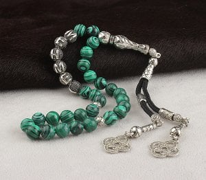 Gümüş İsim Yazılı Metal Püsküllü Malahit Taşlı Tesbih
