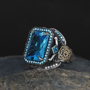 Desenli Gövdeli Aqua Taşlı 925 Ayar Gümüş Erkek Yüzük
