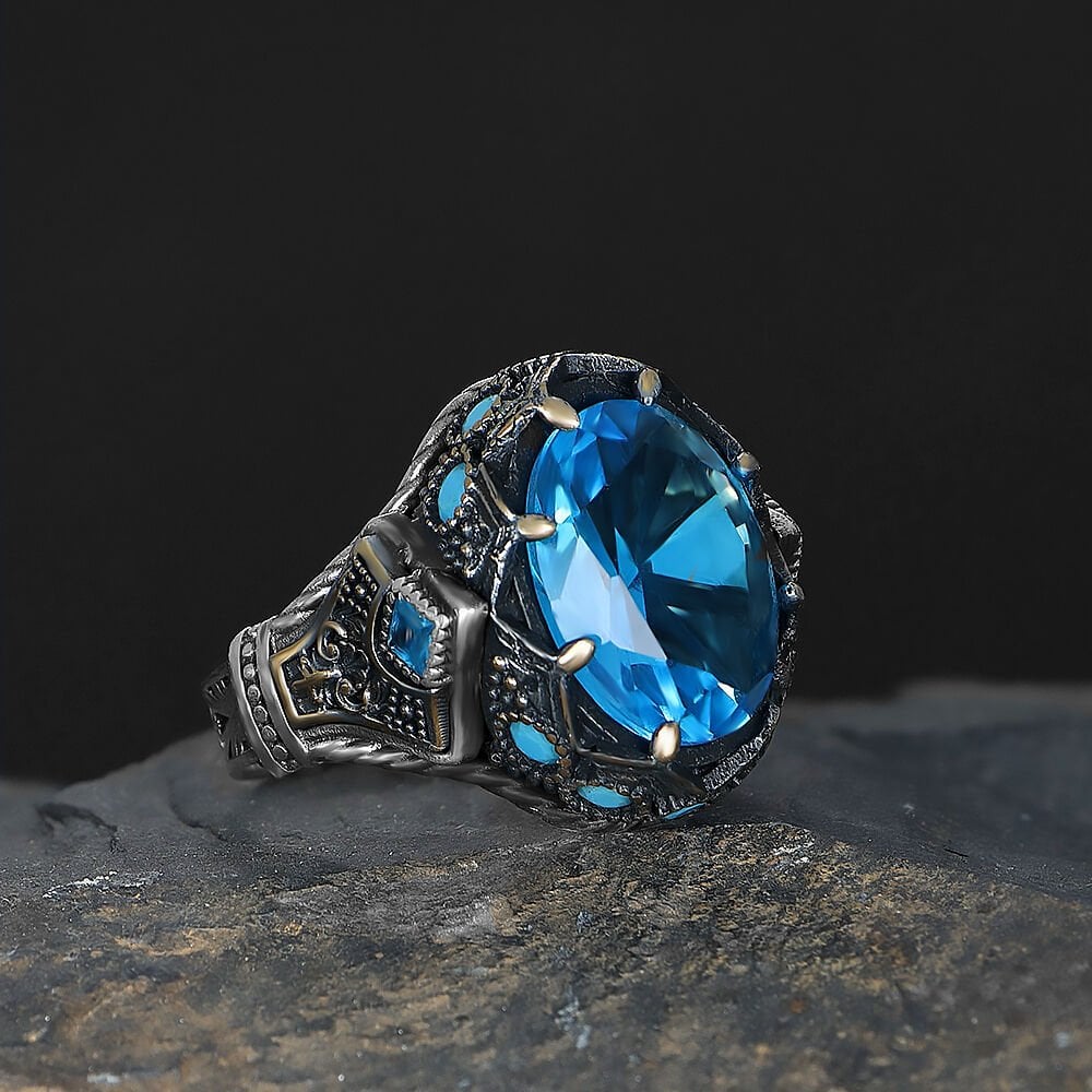 El İşlemeli Oval Mavi Taşlı 925 Ayar Gümüş Erkek Yüzük