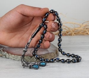 Arpa Kesim Gümüş Ve Mine İşlemeli Oltu Taşı Tesbih