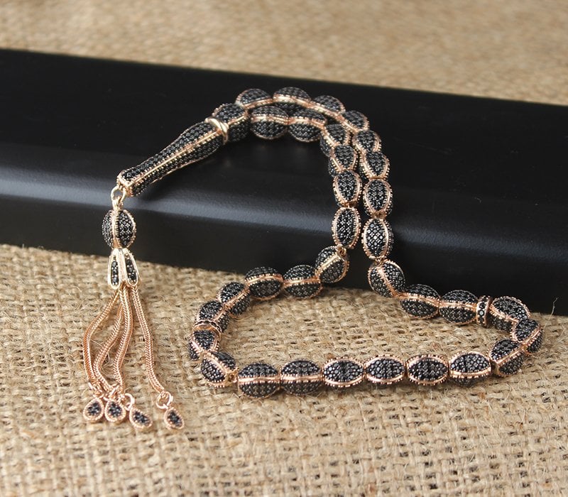 Siyah Zirkon Taşlı Gümüş İmameli 925 Ayar Gümüş Tesbih