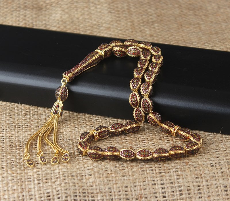 Kırmızı Zirkon Taşlı Gümüş İmameli 925 Ayar Gümüş Tesbih