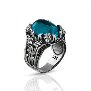 Aslan Model Blue Topaz Taşlı 925 Ayar Erkek Gümüş Yüzük