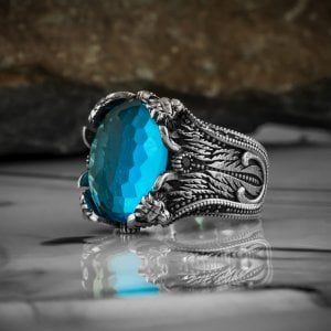 Aslan Model Blue Topaz Taşlı 925 Ayar Erkek Gümüş Yüzük