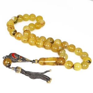 Gümüş Püsküllü  Fosilli Damla Kehribar   Tesbih