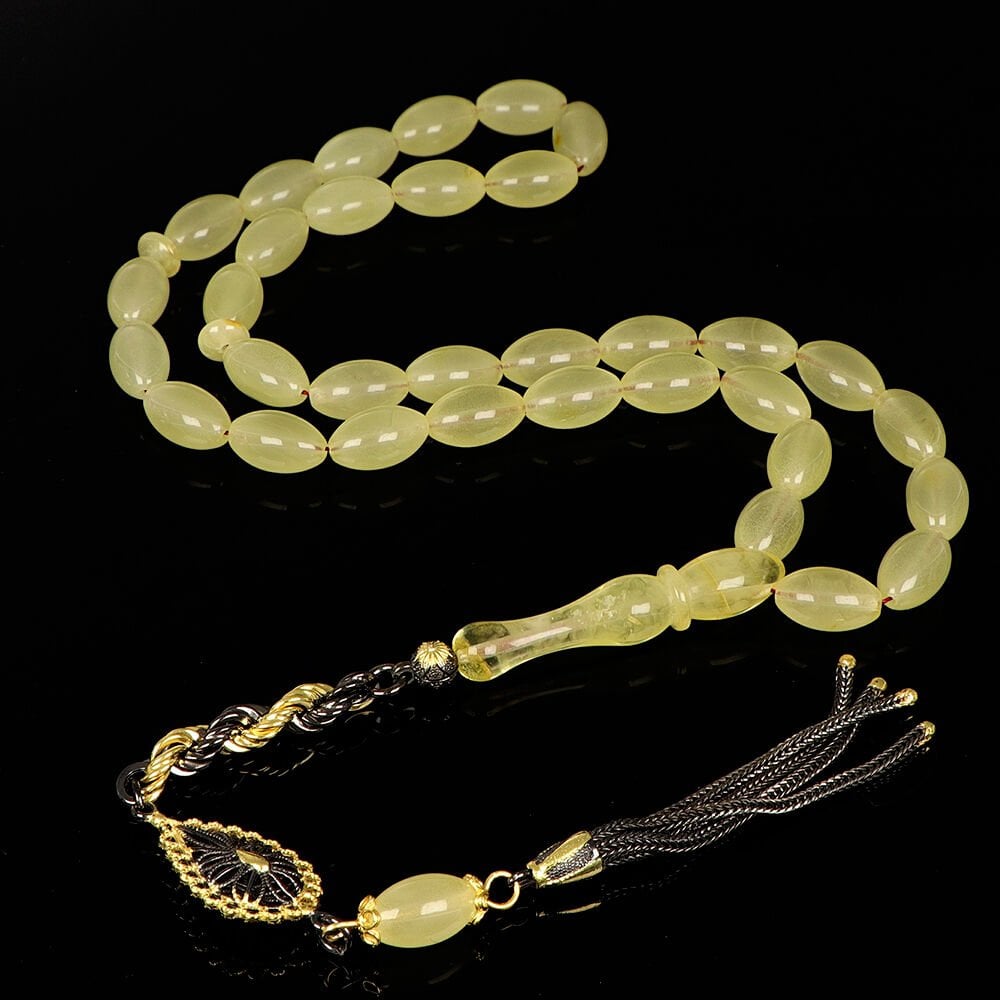 Gümüş Üzeri Rodyum Kaplama Püskül Doğal Damla Kehribar Tesbih