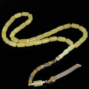 Gümüş Üzeri Altın Kaplama Püskül Doğal Damla Kehribar Tesbih