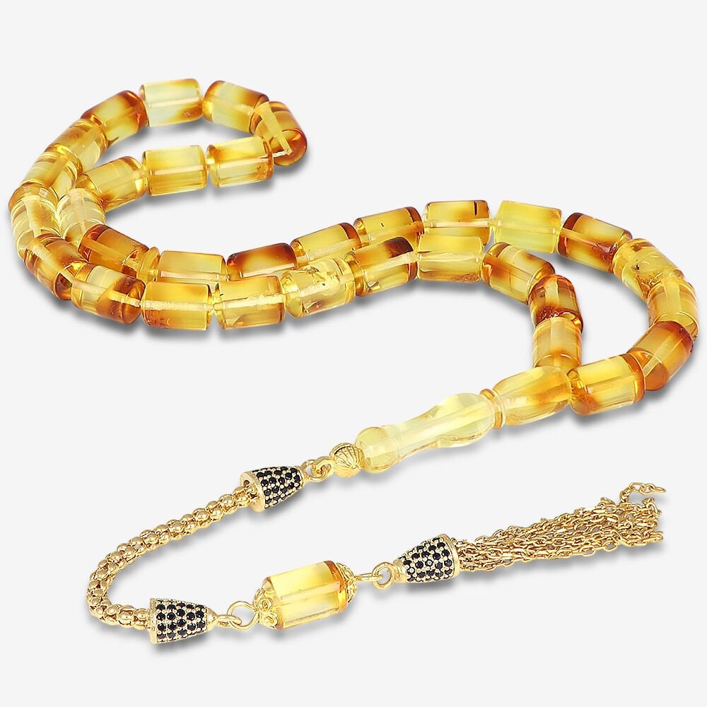 Altın Kaplama Gümüş Püsküllü Doğal Damla Kehribar Tesbih