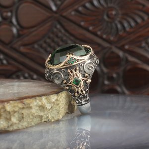 Kristal Kesim Zirkon Taşlı 925 Ayar Gümüş Erkek Yüzük