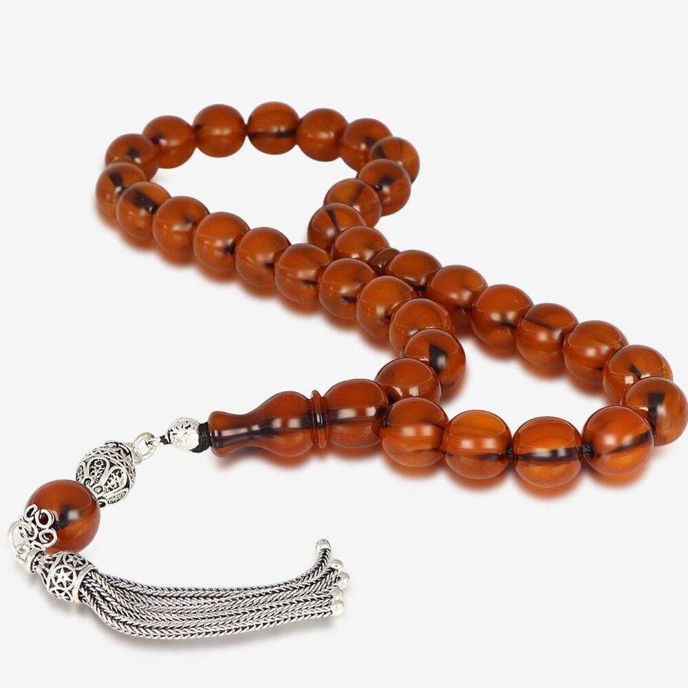 Helezon Damar Gümüş Püsküllü Sıkma Kehribar Tesbih