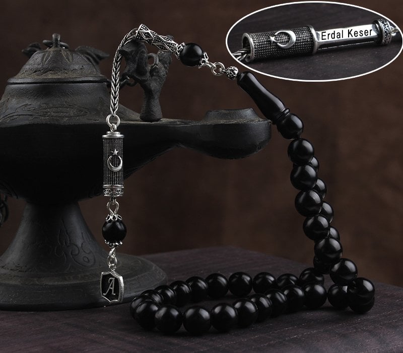 Gümüş Püsküllü İsim Yazılı Oltu Taşı Tesbih