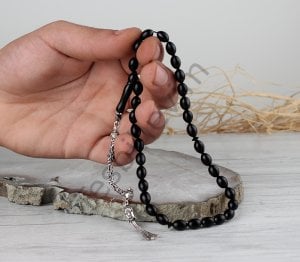 Gümüş Püsküllü Sade Erzurum Oltu Taşı Tesbih