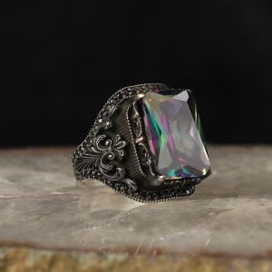 Mistik Topaz  Taşlı 925 Ayar Erkek Gümüş Yüzük