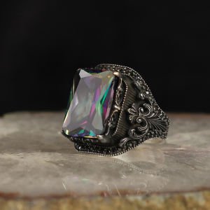 Mistik Topaz  Taşlı 925 Ayar Erkek Gümüş Yüzük