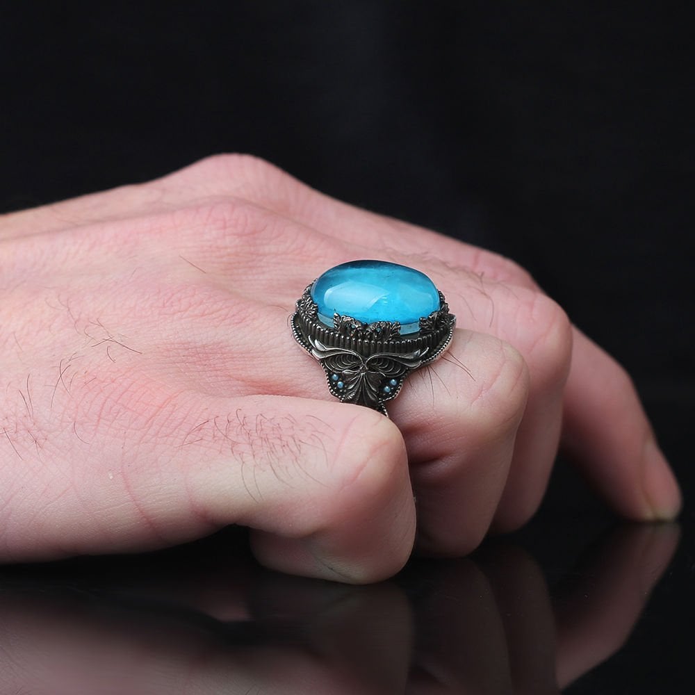 Paraiba Mavi Taşlı 925 Ayar Erkek Gümüş Yüzük