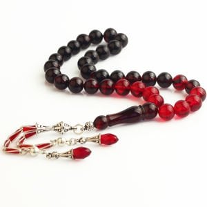 Gümüş Püsküllü Küre Kesim Ateş Kehribar Tesbih