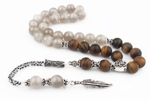 Ay Taşı Ve Kaplan Gözü Taşı Gümüş Püsküllü Tesbih