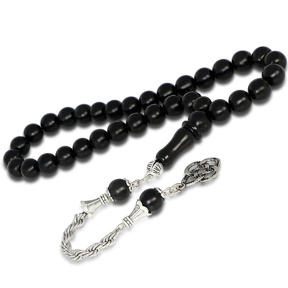 Gümüş Kaplama Metal Püsküllü Oltu Taşı Tesbih