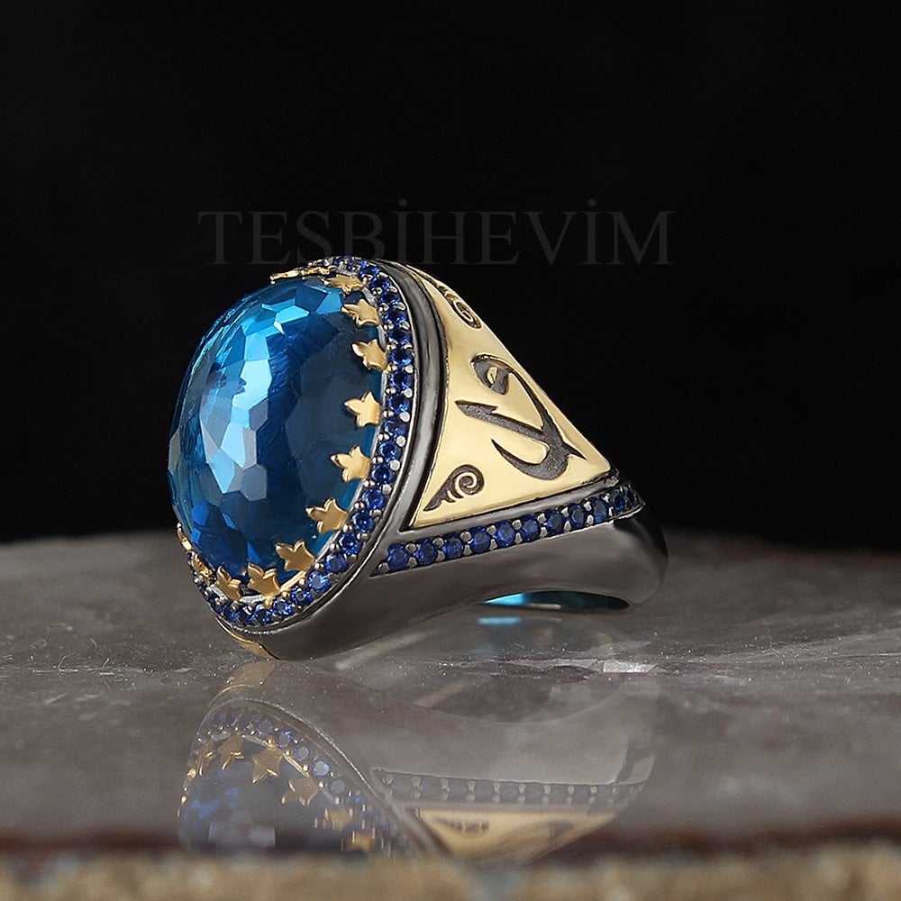 Blue Topaz Taşlı Rodaj Kaplama Gümüş Erkek Yüzük