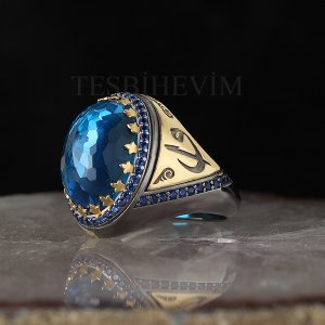 Blue Topaz Taşlı Rodaj Kaplama Gümüş Erkek Yüzük