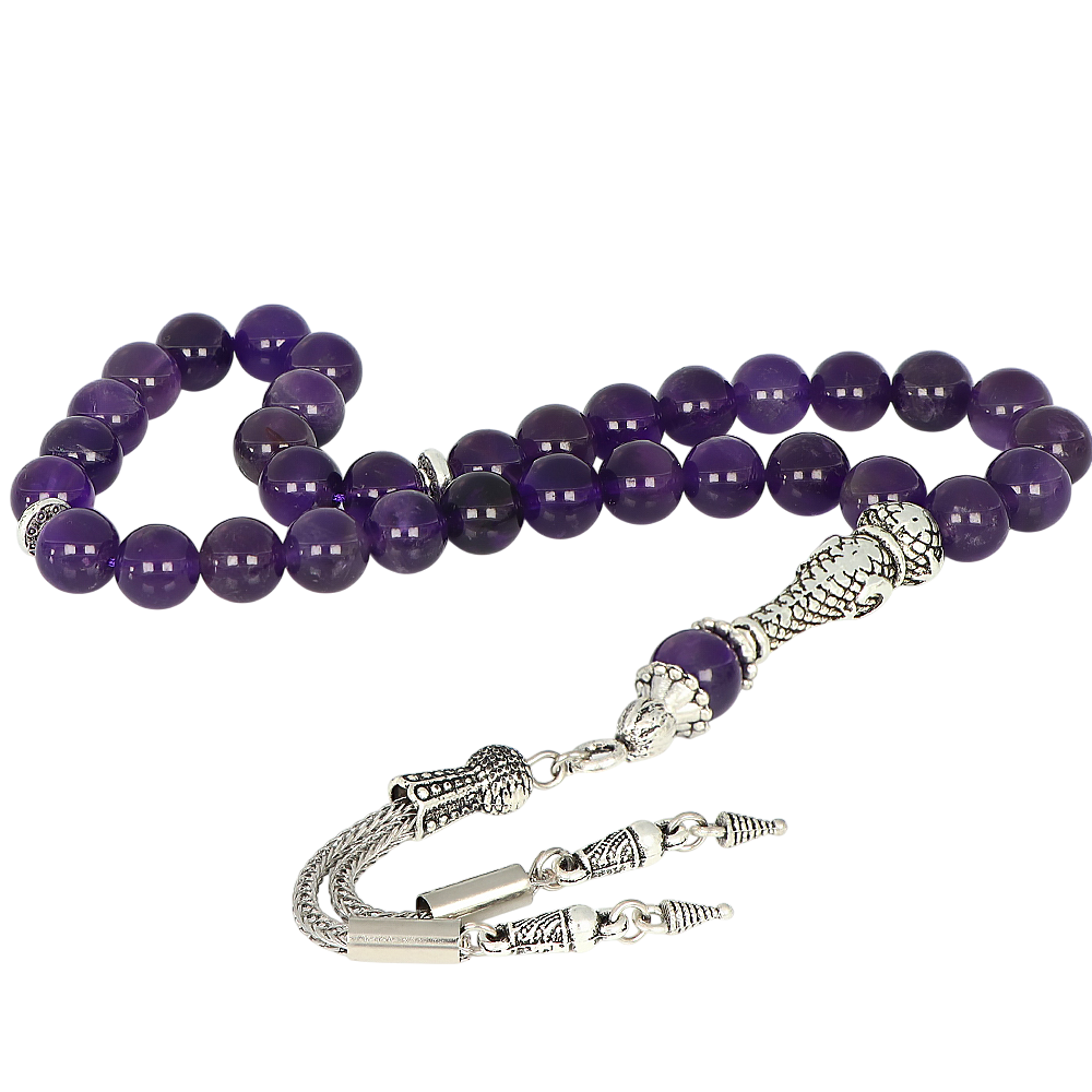 Gümüş Kaplama Metal Püsküllü Ametist Taşlı Tesbih