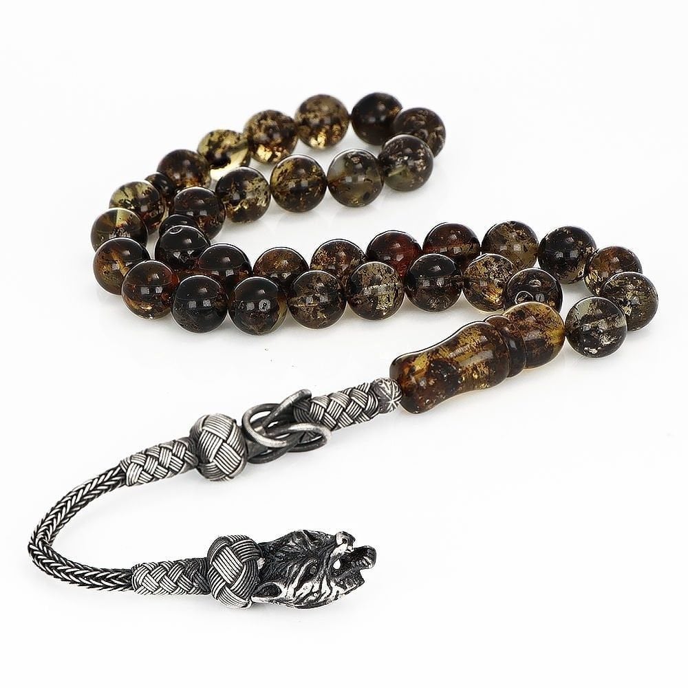 Gümüş Kazaz Püskül Fosilli Sertifikalı Doğal Damla Kehribar Tesbih