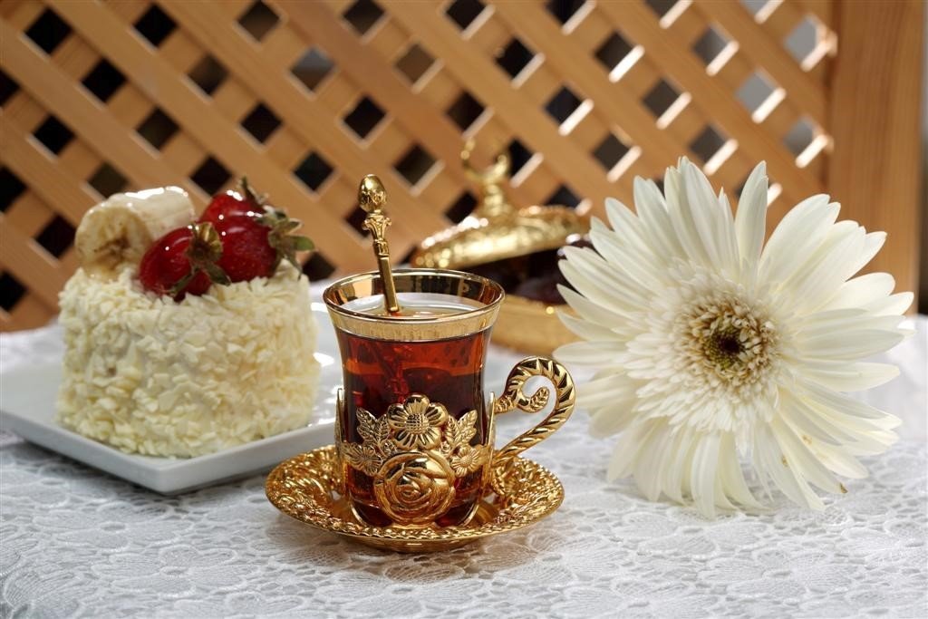 6'lı Çay Takımı Tiryaki Set Yuvarlak Tepsi - Altın