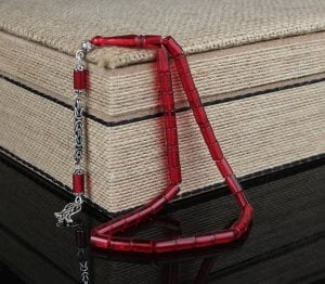 Kesme Model Gümüş Püsküllü Ateş Kehribar Tesbih