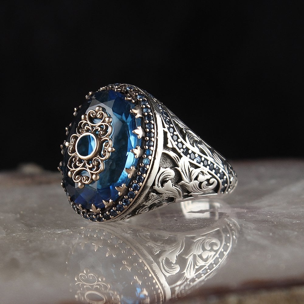Aqua Blue Taşlı 925 Ayar Erkek Gümüş Yüzük