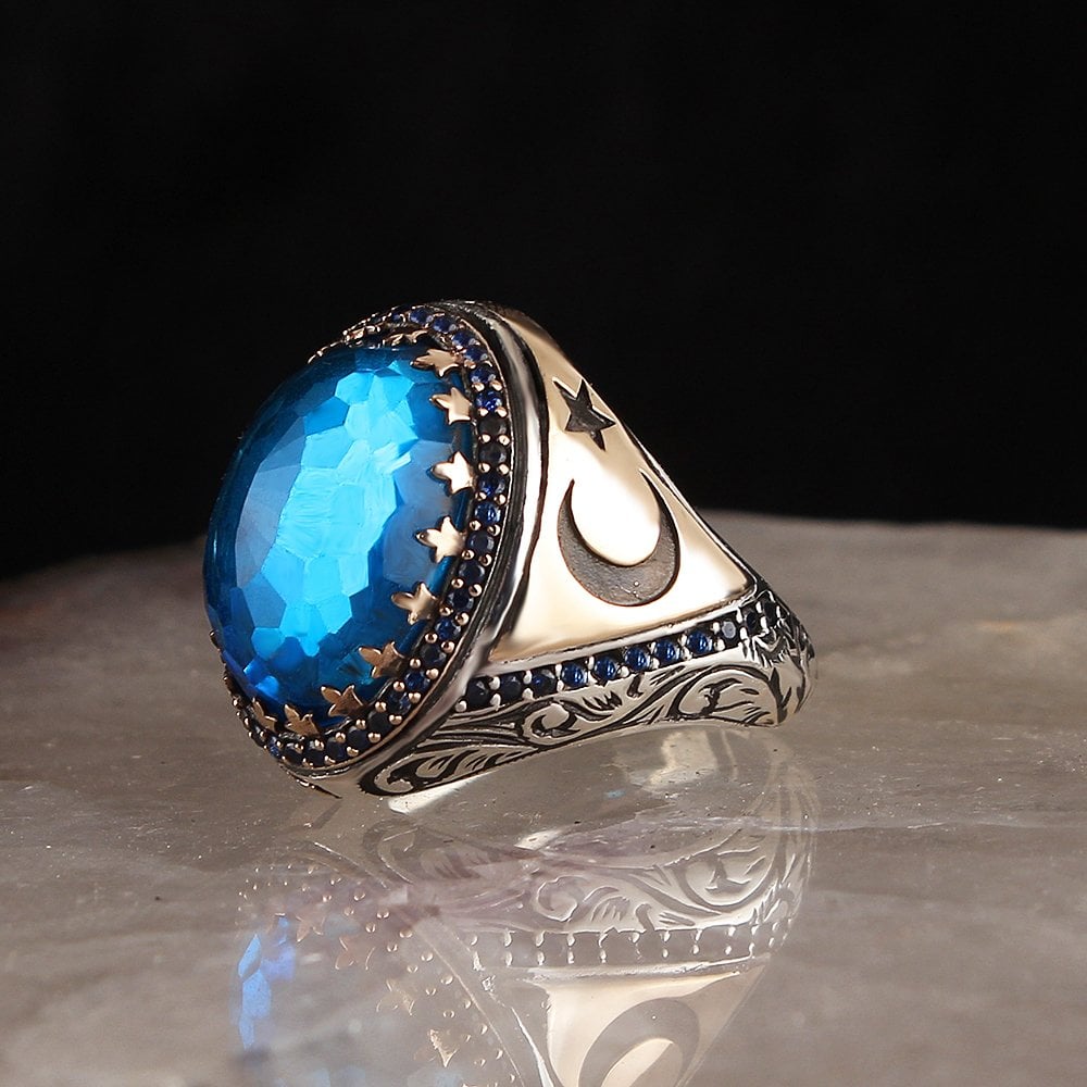 Ayyıldızlı Aqua Blue Taşlı 925 Ayar Erkek Gümüş Yüzük