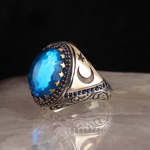 Ayyıldızlı Aqua Blue Taşlı 925 Ayar Erkek Gümüş Yüzük