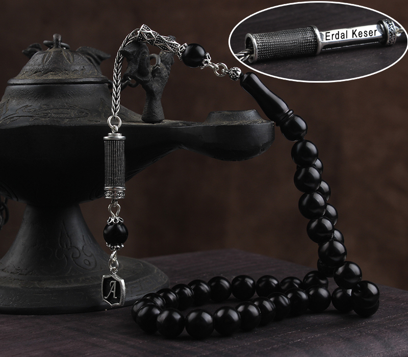 Gümüş Püsküllü İsim Yazılı Oltu Taşı Tesbih